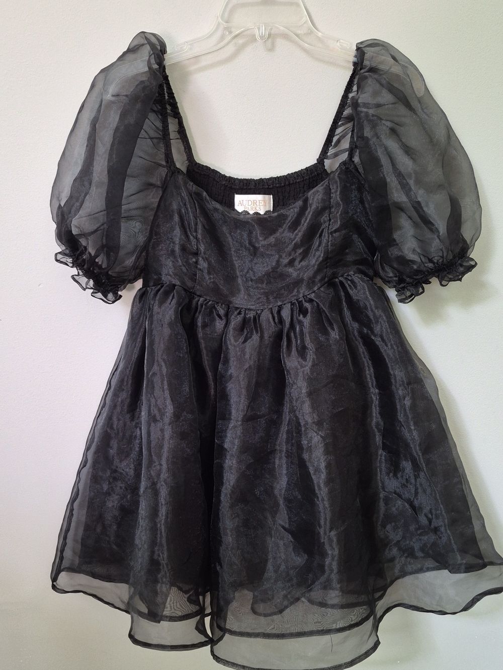 Audrey Parks Babydoll Puff Sleeve Mini Dress S Sheer Black Organza Coquette Hoco